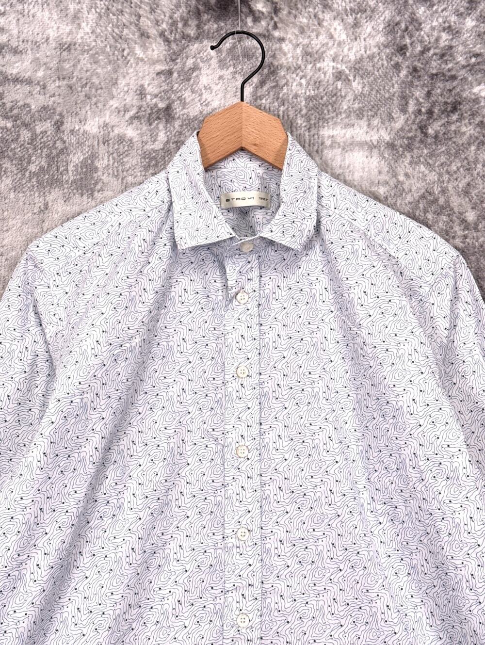 Etro Shirt 41 / Large Mens White & Blue Topography Print Cotton Woven